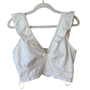 Japna White Ruffled V-Neck Crop Top Size L Boho Cottagecore Festival Cotton